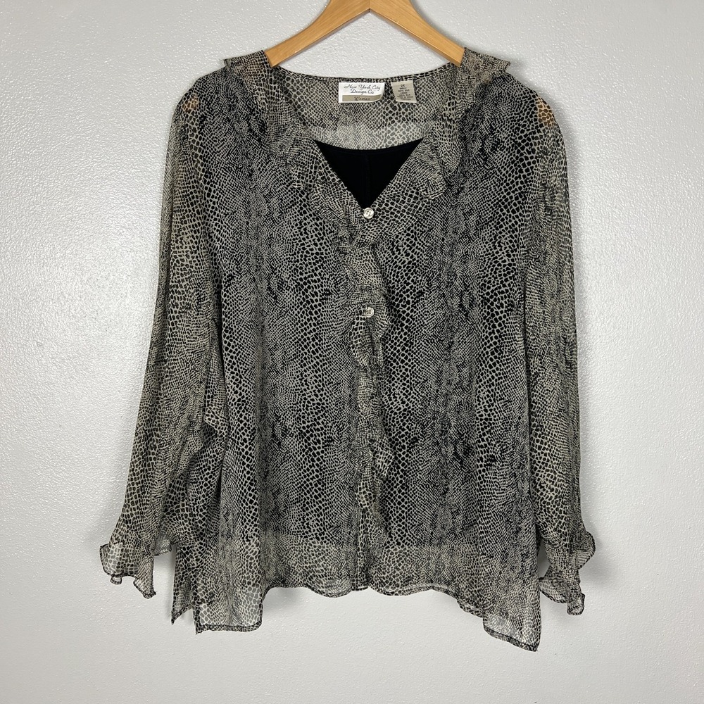 New York City Design Co Blouse Top 2X Black Snake Print Silk Chiffon Ruffle Plus